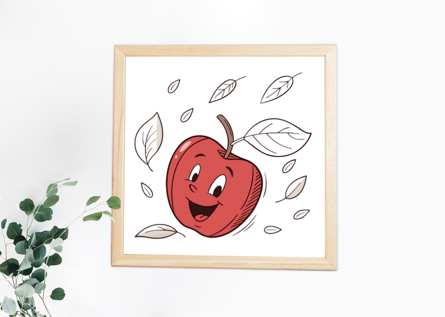 Cadre avec une pomme cartoon souriante en vol pour une déco naturelle et joyeuse