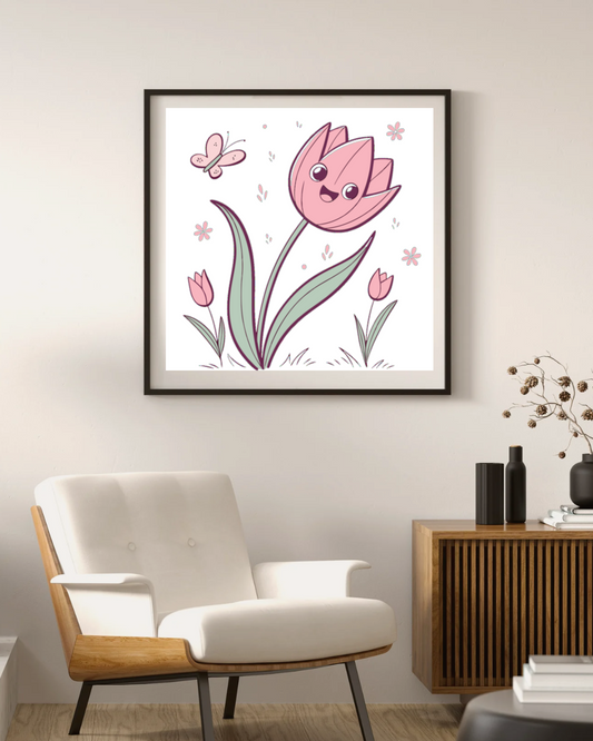 Délicat cadre avec tulipe souriante et papillon pastel, parfait pour le printemps