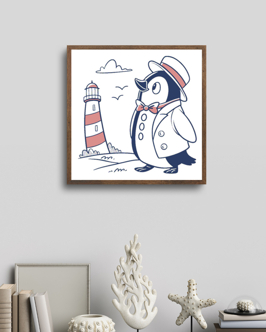 Cadre élégant affichant un pingouin admirant un phare dans une scène maritime stylisée