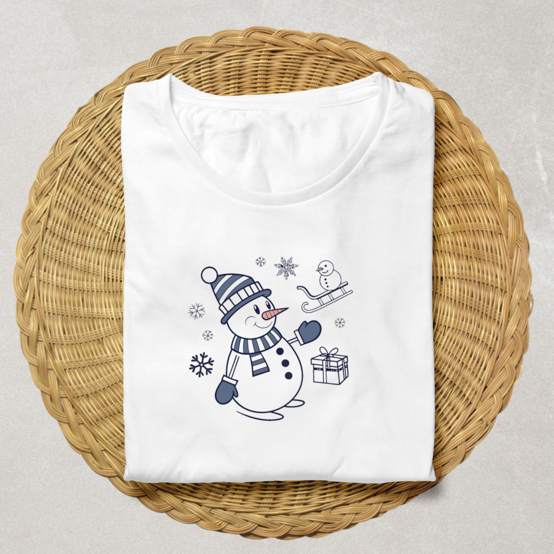 T-shirt hivernal festif avec bonhomme de neige joyeux et design numérique stylisé