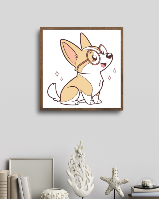 Cadre avec corgi joyeux portant des lunettes, style enfantin et vectoriel