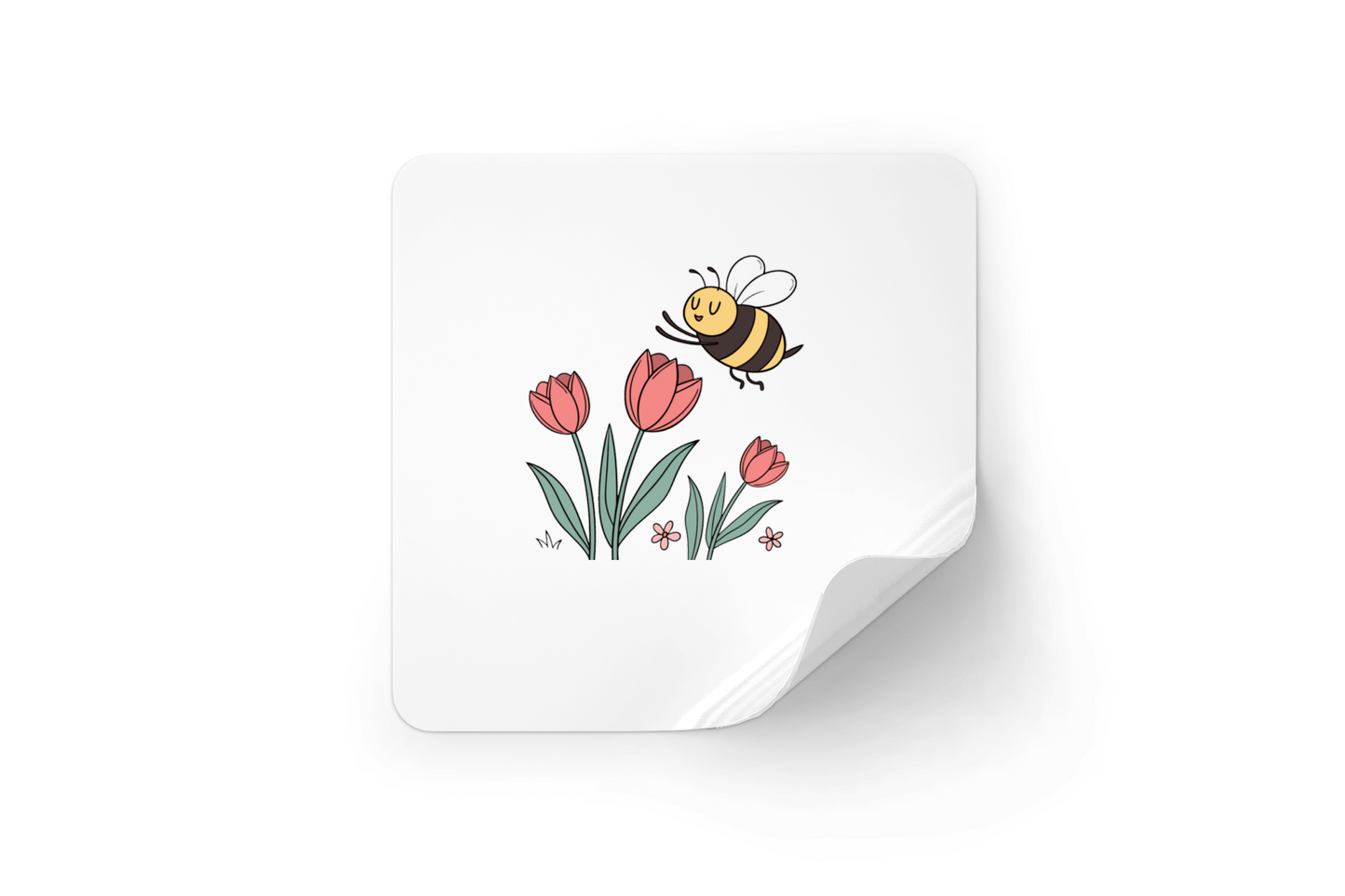 Sticker avec abeille joyeuse illustrée sur fond de tulipes pastel style printanier