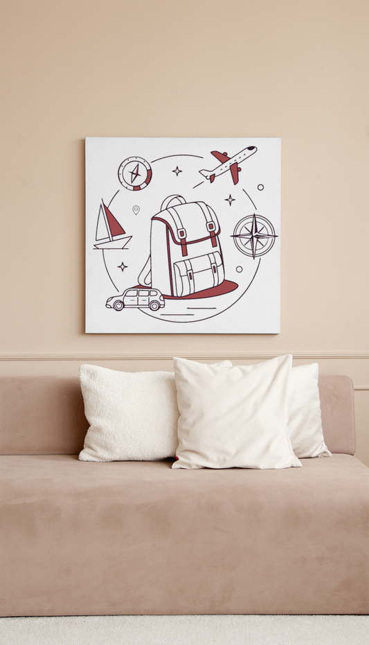 Cadre moderne avec illustration minimaliste d'un sac à dos explorateur voyagemax