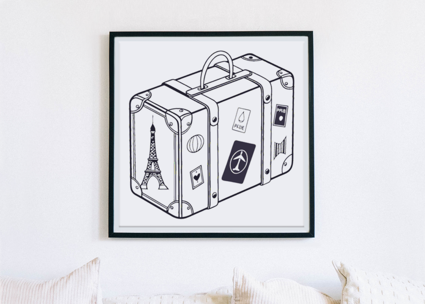 Cadre décoratif avec iconographie voyage, valise et style vectoriel élégant