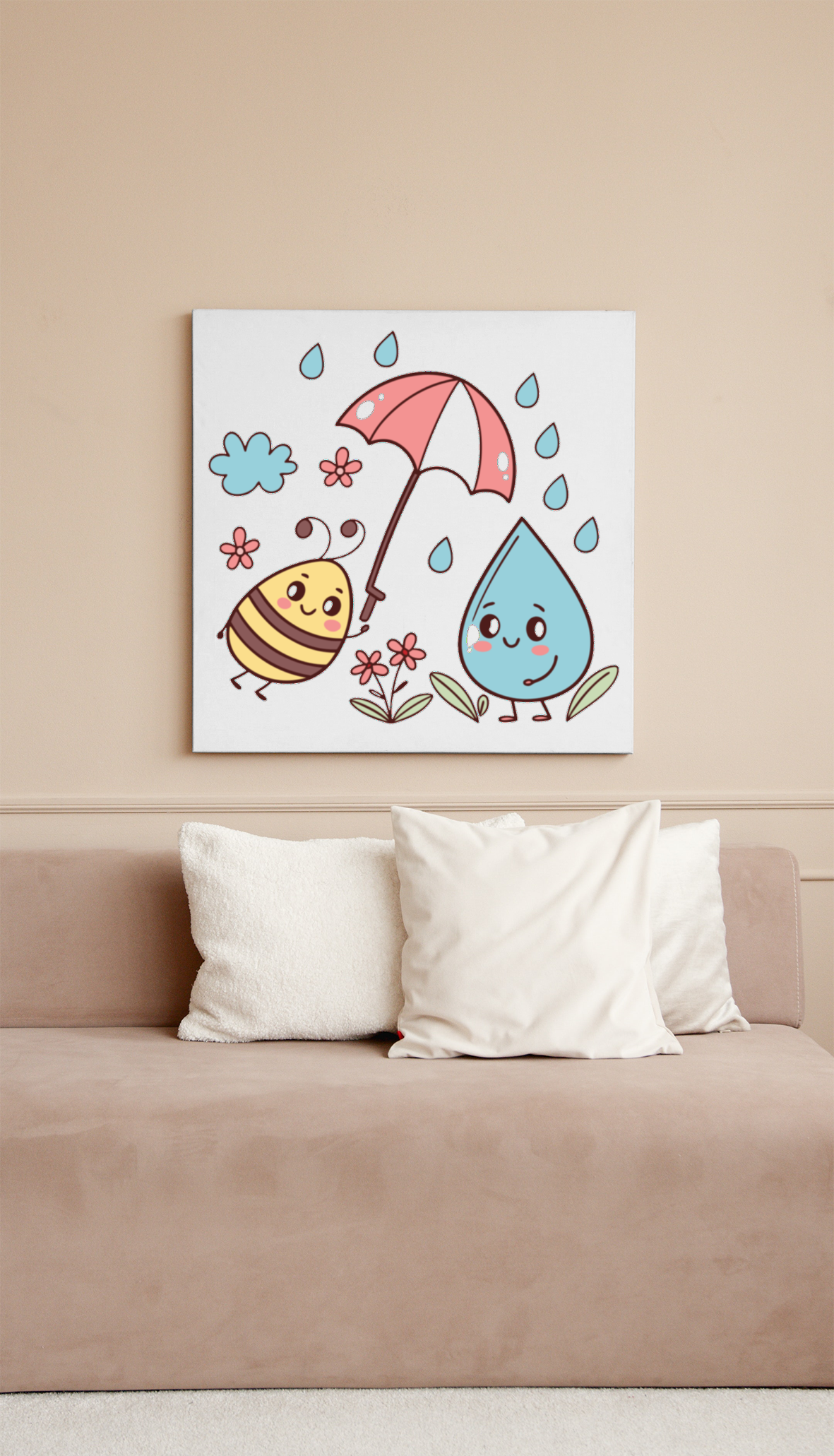 Cadre avec abeille joyeuse sous la pluie dans des tons pastel printaniers