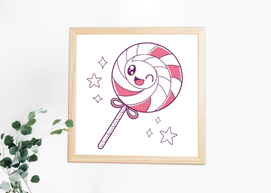 Illustration charmante de sucette kawaii dans un cadre, parfaite pour déco.