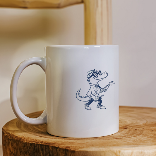 Design rock'n'roll avec crocodile sur mug, style doodle dynamique et musical