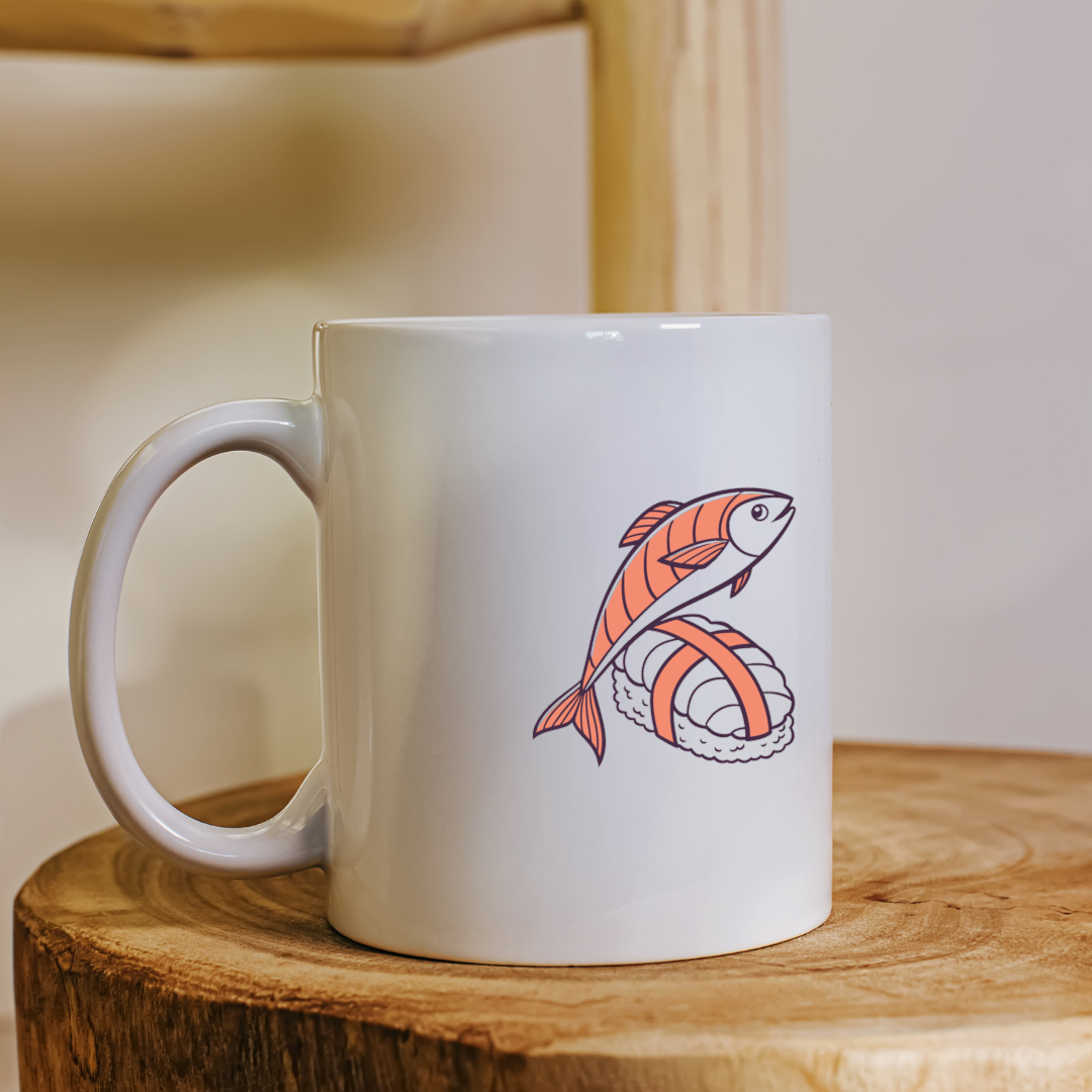 Mug créatif orné d’un saumon dynamique dans un style gourmand et ludique