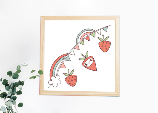 Cadre avec visuel joyeux de fraises et arc-en-ciel, style décoratif coloré