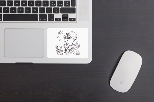 Sticker monochrome montrant un poulpe explorateur dans une ambiance d'aventure marine