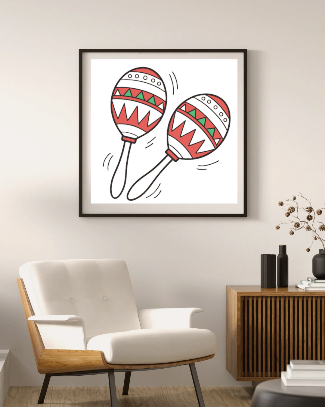 Cadre avec maracas colorées en style flat vibrant dans un thème musical