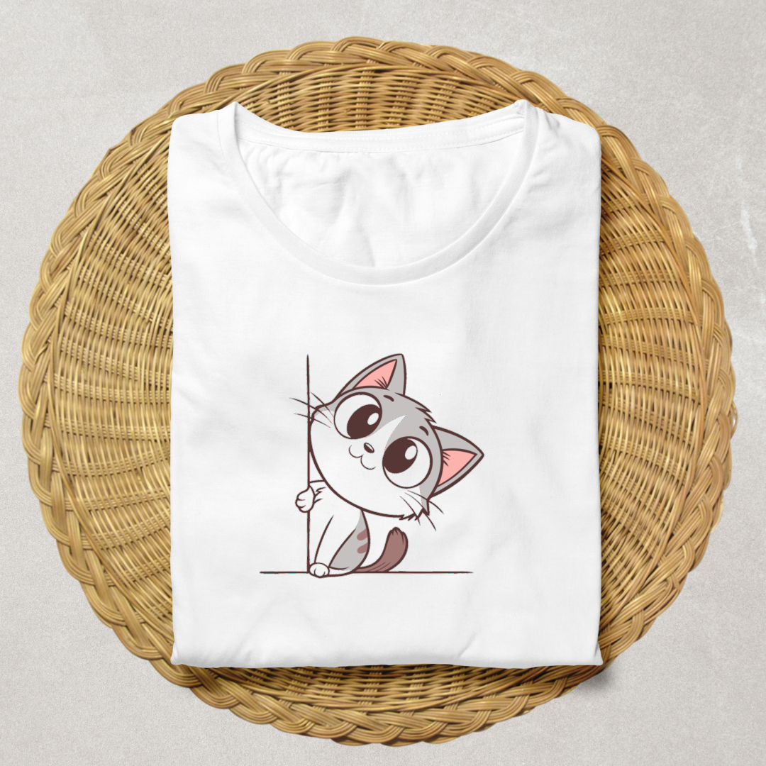 T-shirt avec un chat curieux en style cartoon animalier derrière un rideau