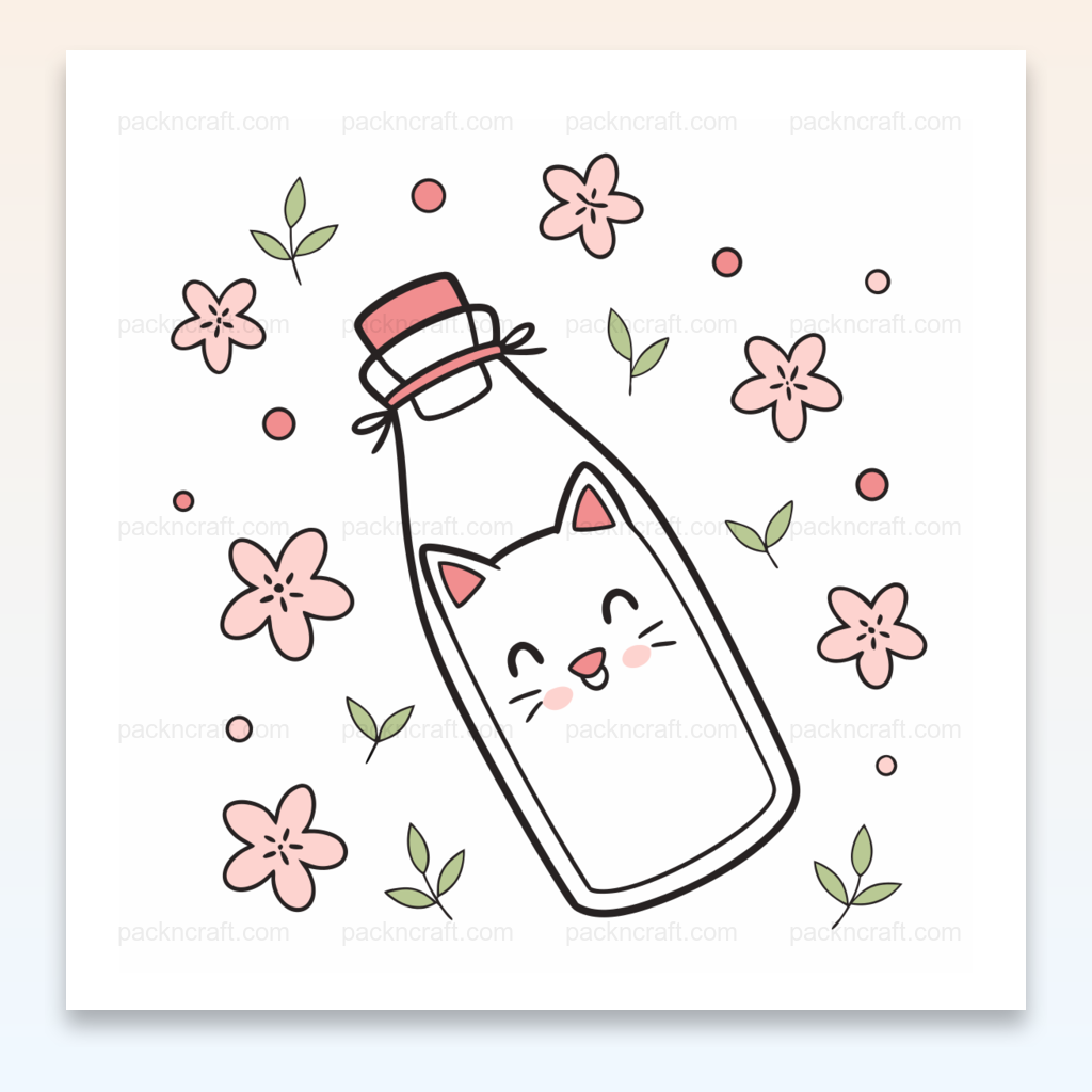 Illustration kawaii d'un chat en bouteille entouré de fleurs pour usages créatifs