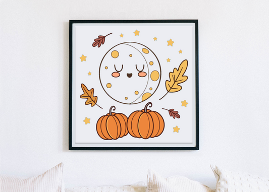 Cadre automnal avec une lune kawaii endormie entourée de citrouilles