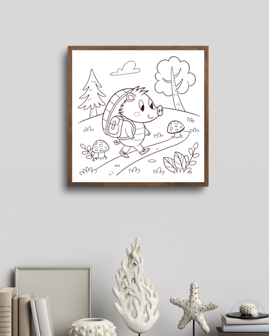 Cadre bois élégant avec hérisson randonneur joyeux et dessin forêt欢乐