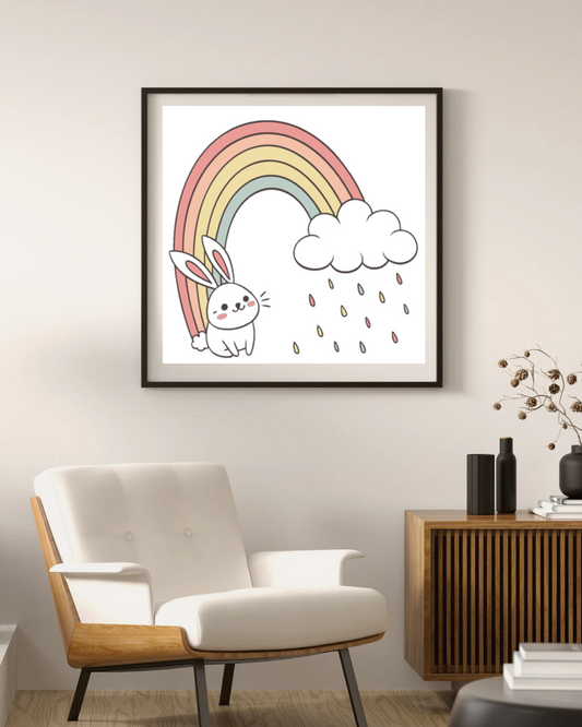 Cadre décoratif avec lapin joyeux et arc-en-ciel, ambiance printanière colorée