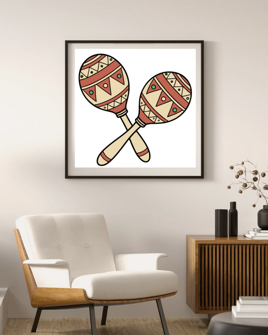 Cadre avec motif musical bohème, maracas sur fond graphique élégant