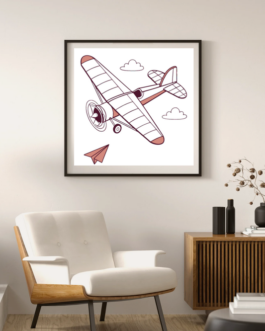 Cadre mettant en scène un avion vintage planant, idéal pour les passionnés d'aviation