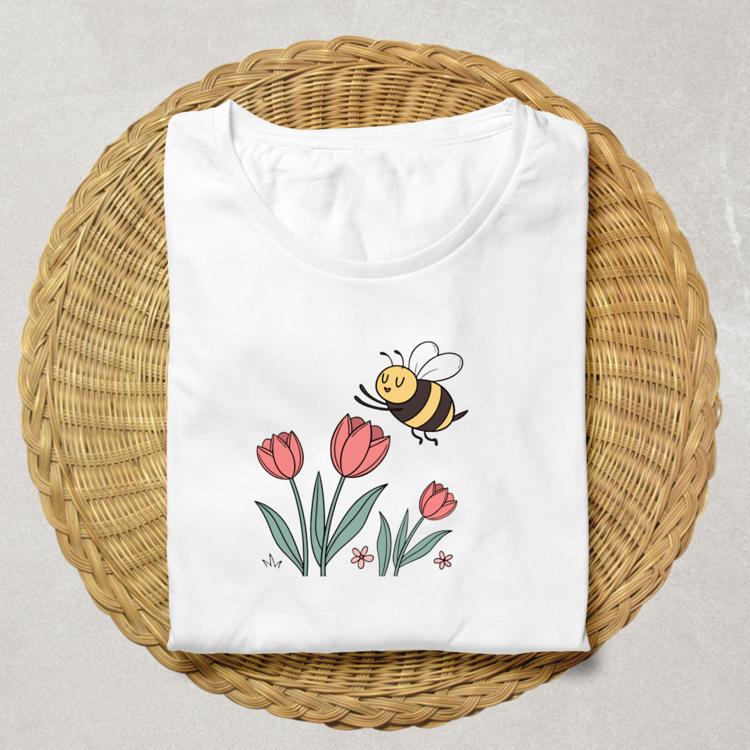 T-shirt orné d'une abeille joyeuse et tulipes style pastel pour un look printanier