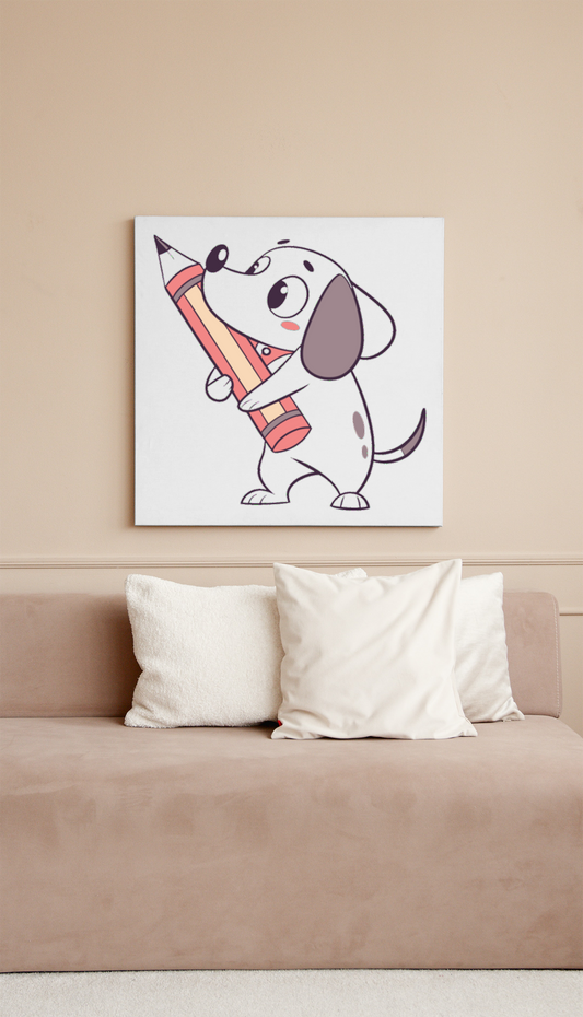 Cadre au design éducatif avec un chien curieux tenant un crayon, ambiance ludique