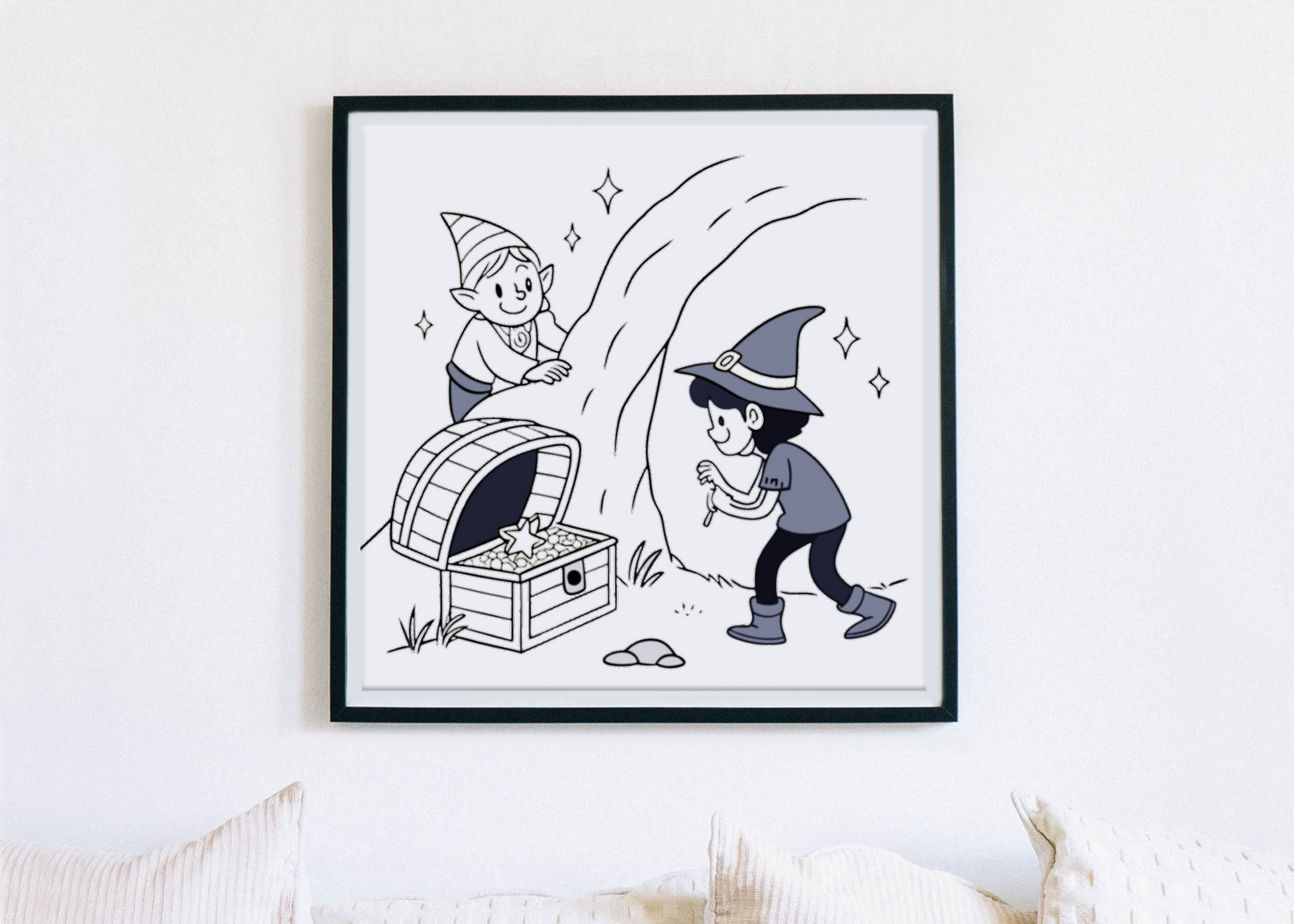 Cadre avec lutin joyeux découvrant un trésor dans un style esquisse enchantée