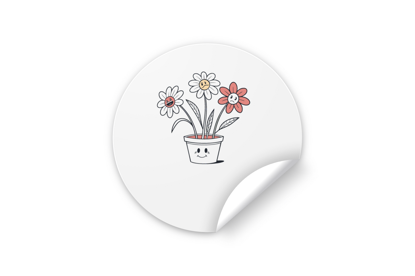 Sticker ludique avec dessin enfantin de fleurs en pot, parfait pour embellir vos objets