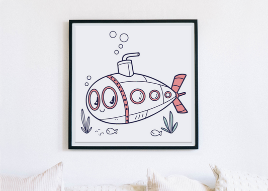 Cadre décoratif avec sous-marin cartoon dans un style d'aventure aquatique vibrante