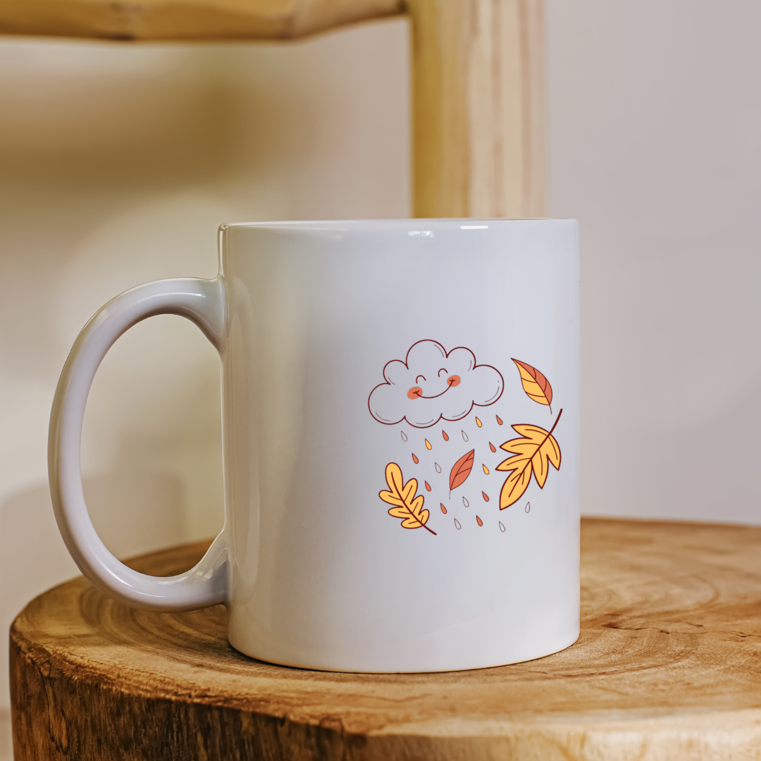 Mug blanc avec nuage souriant et pluie automnale motif ludique et chaleureux