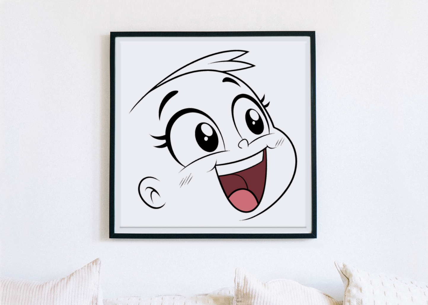 Cadre décoratif avec un visage radieux en style cartoon apportant une touche joyeuse