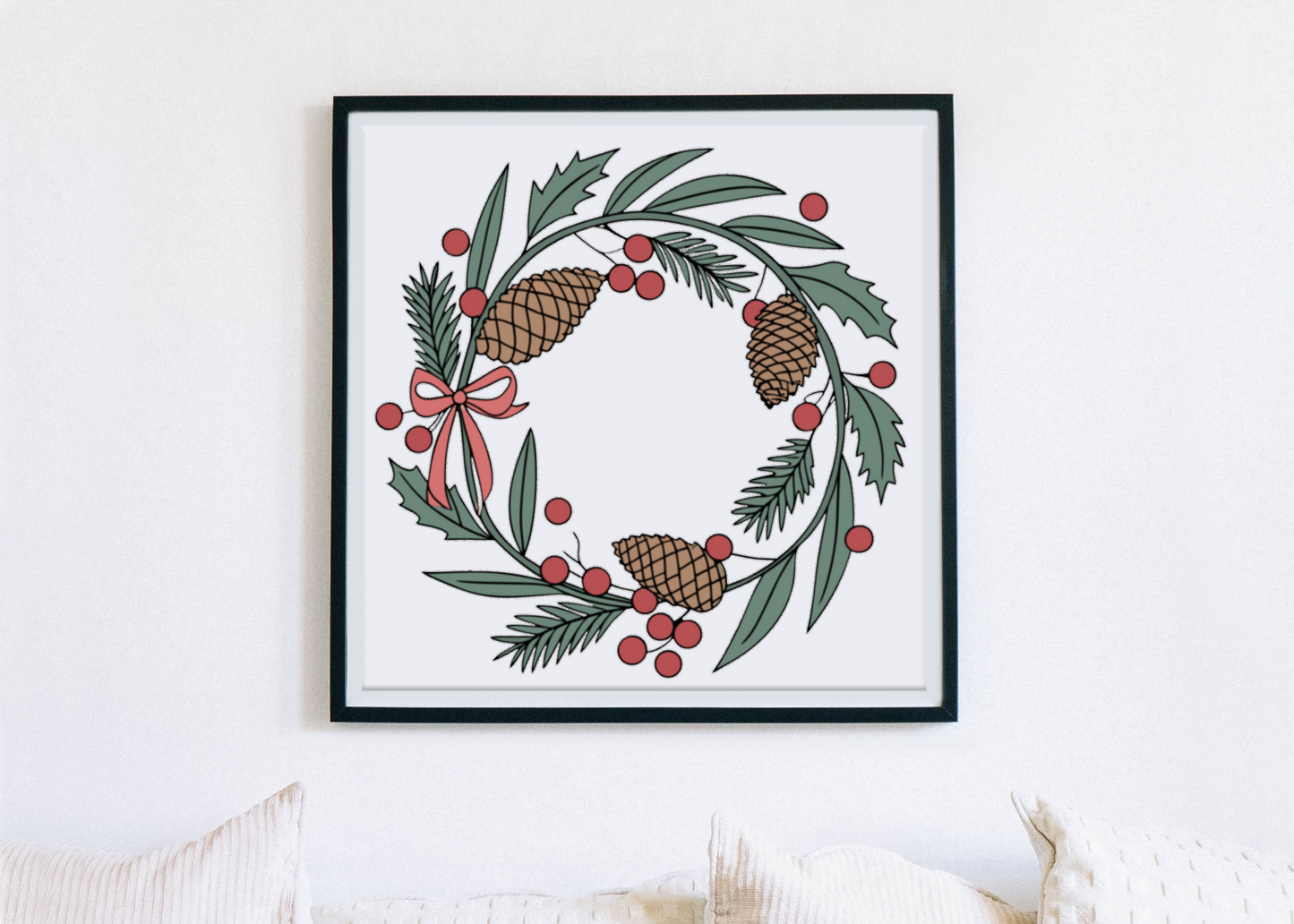 Cadre orné d'une couronne festive pastel avec pommes de pin, ambiance Noël