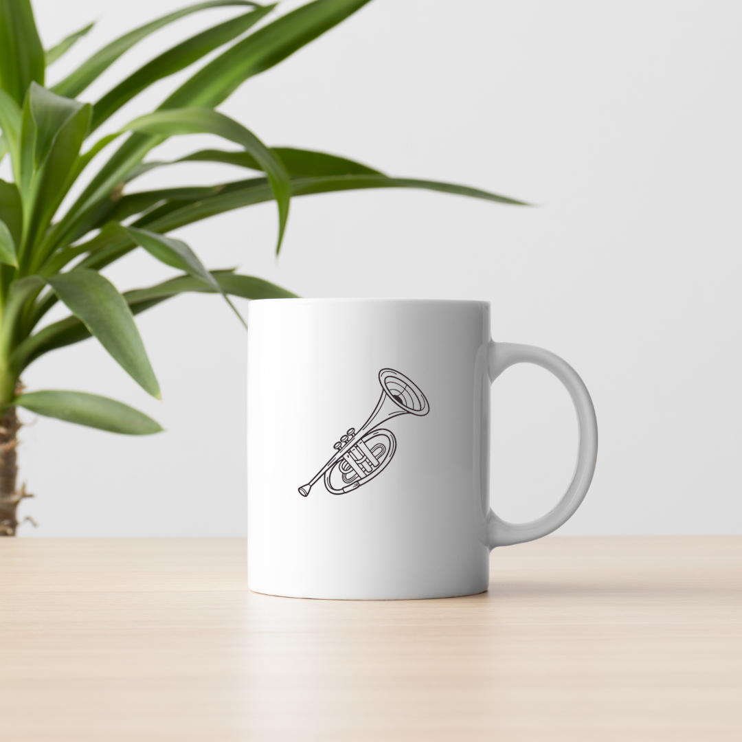 Mug élégant avec une trompette vintage au thème musical en fond subtil
