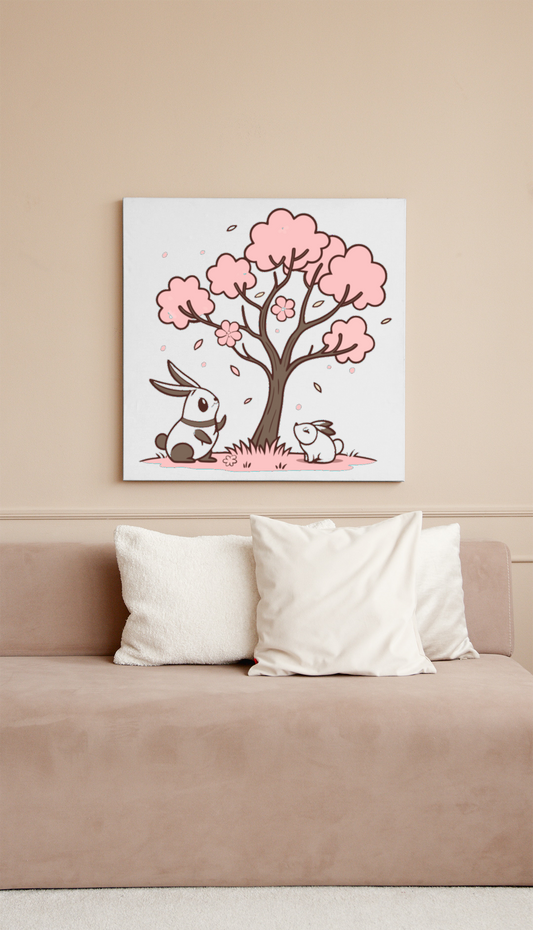 Cadre déco avec lapins kawaii et cerisier en fleur thème printemps