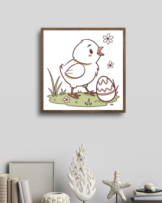 Cadre avec poussin kawaii et œuf pour une déco joyeuse et adorable de Pâques
