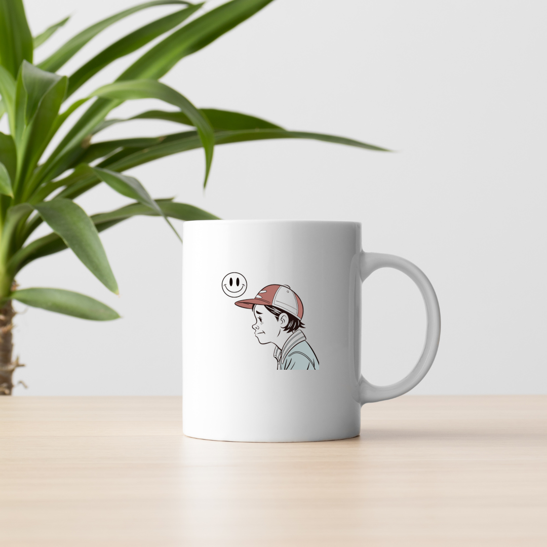 Mug décoré d'un garçon pensif style cartoon rétro avec casquette sur fond épuré