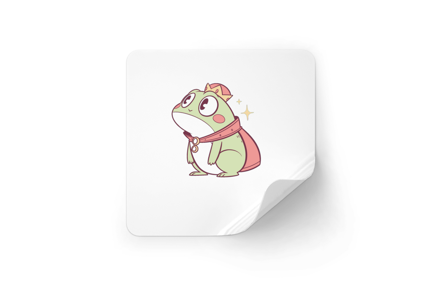Sticker amusant en style kawaii illustrant une grenouille royale avec expression surprise
