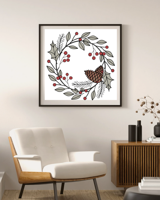 Cadre décoratif avec couronne de Noël pastel au centre, ambiance féerique