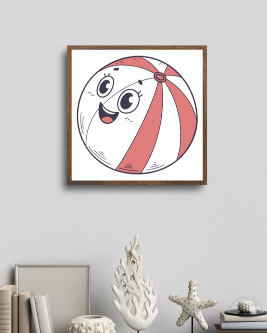 Cadre avec icône d'une balle de plage joyeuse en style dessin pour une déco estivale