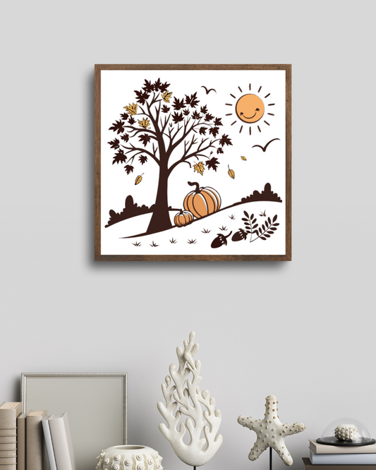 Cadre élégant avec un arbre automnal et des citrouilles joyeuses en style digital