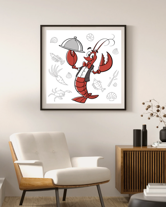 Cadre avec homard cartoon joyeux, thème marin, parfait pour une déco ludique et colorée
