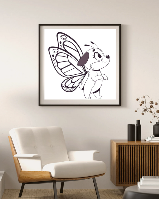 Cadre décoratif avec chiot joyeux et ailes de papillon en style vectoriel amusant