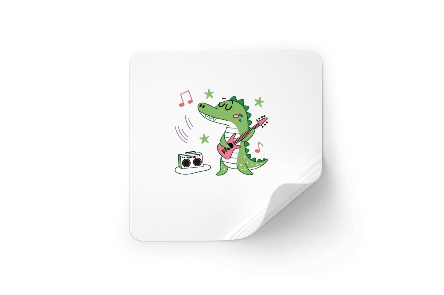 Sticker coloré avec crocodile rockeur au style pastel dynamique et musical