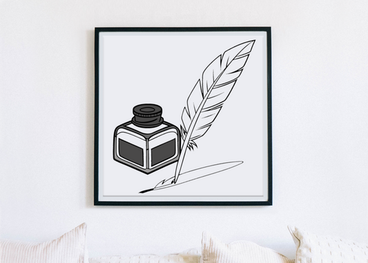 Cadre affichant une plume et un encrier dans un style doodle scolaire attrayant