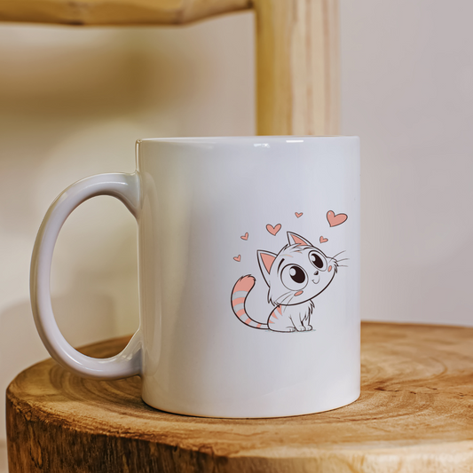 Mug avec chaton curieux et coeurs dans un style dessin pastel raffiné