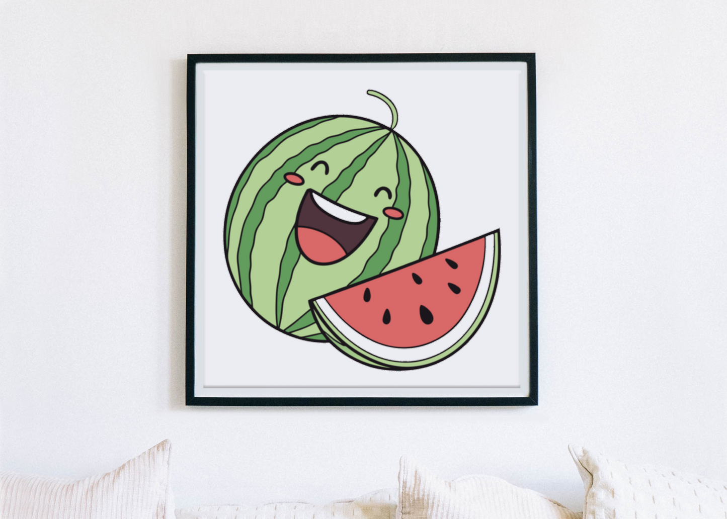 Cadre festif en été avec une pastèque kawaii dans un style coloré et joyeux