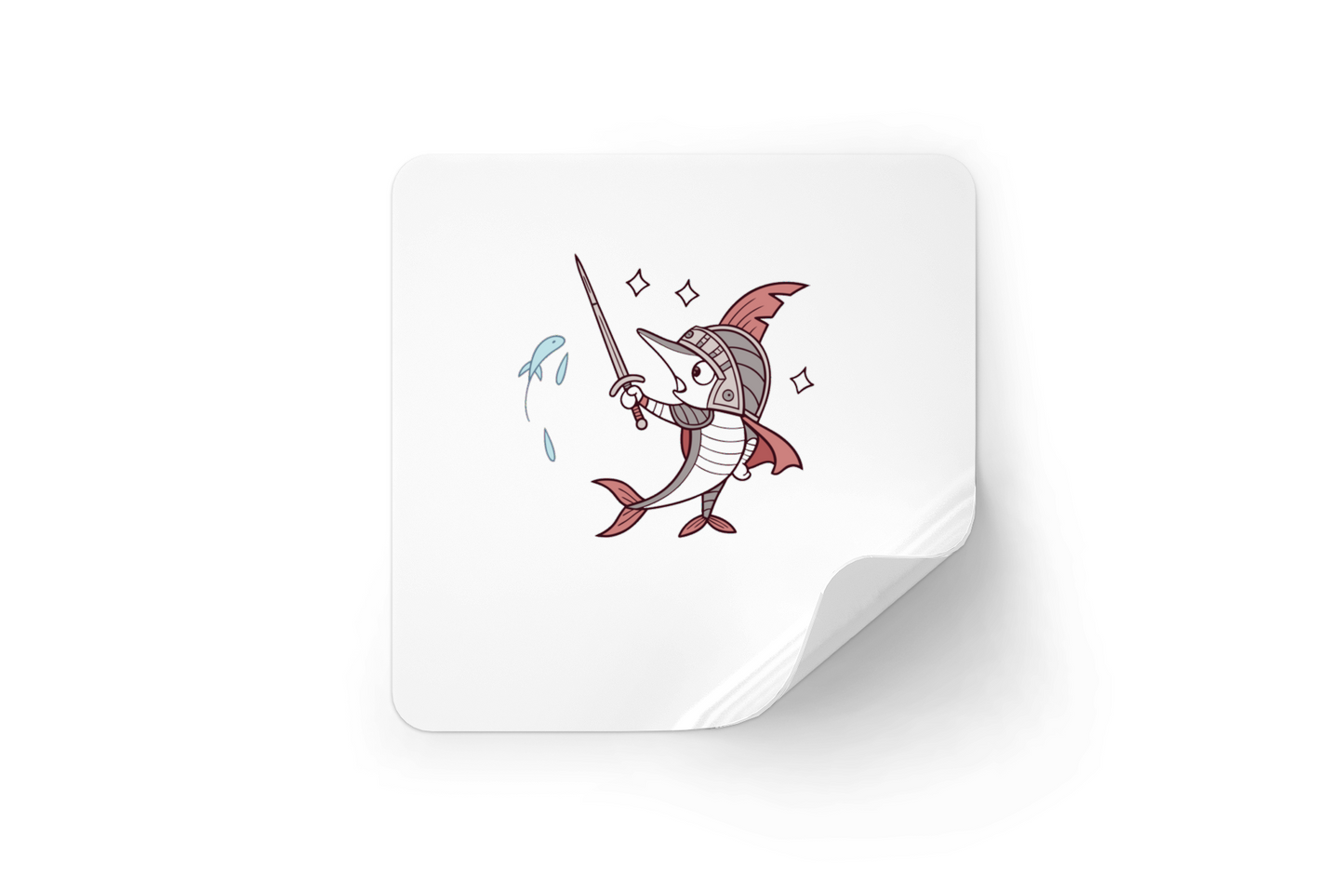 Sticker avec un poisson épéiste en armure, style kawaii, ambiance marine ludique