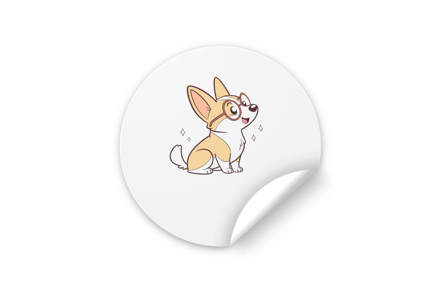Sticker enfantin avec un corgi joyeux en lunettes, style vectoriel attrayant