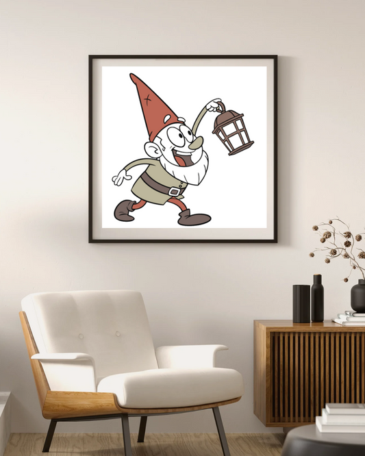 Cadre minimaliste avec un gnome éclaireur à la lanterne pour thème jardin