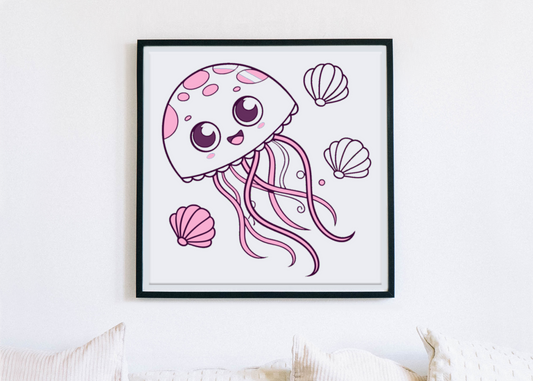 Cadre avec méduse joyeuse coloris pastel sur fond marin adorable et apaisant