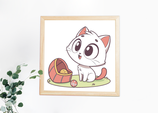 Cadre mignon avec un chat en pastel jouant avec une balle
