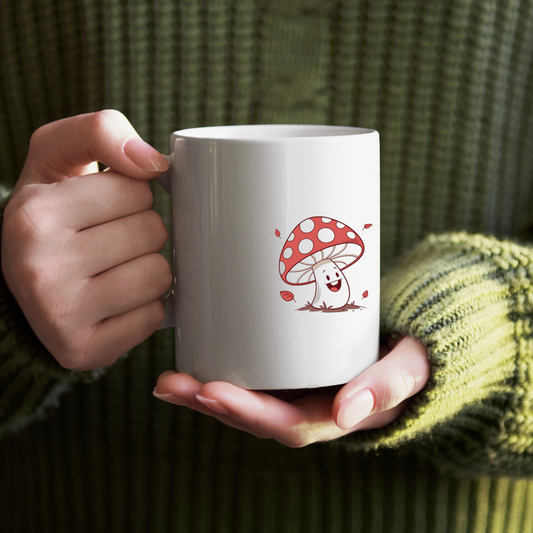 Un mug automnal orné d'un champignon joyeux illustré en doodle style